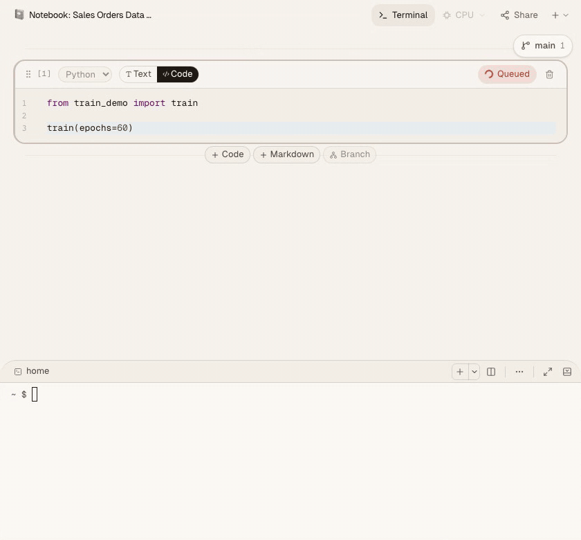 Following a notebook's training log in Clusy's terminal, pressing Ctrl+C to stop following it, then checking newer log entries while the notebook continues training.