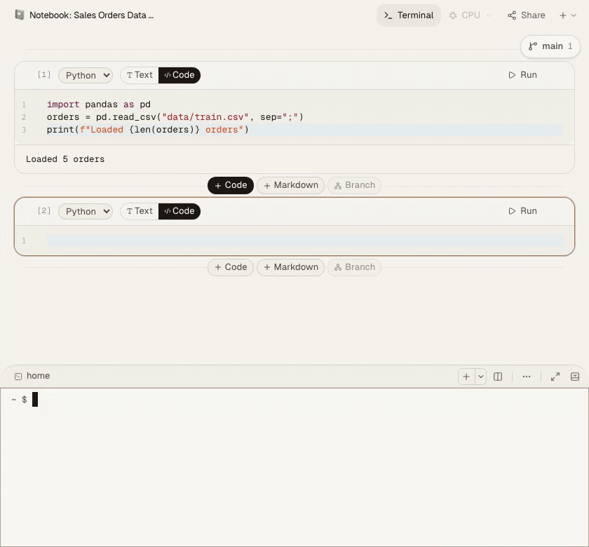 Installing xlsxwriter in Clusy's terminal, then exporting the notebook's existing orders DataFrame to an Excel file.