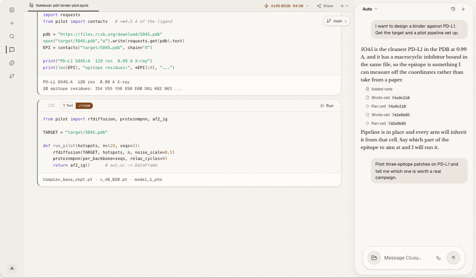 Clusy forks a notebook into parallel experiment branches, runs the variants, and compares their results.